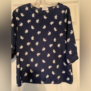 Everly, Navy Elephant Print Top, Sz S